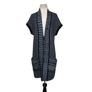 White + Warren Black Gray Knit Drop Shoulder Sleeve Zip Up Sweater Duster M